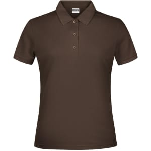 A brown polo shirt designed for women with a classic collar and three buttons at the front, featuring a logo.