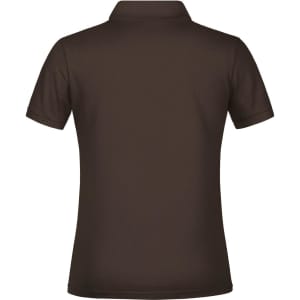 A brown polo shirt featuring a collar and short sleeves, with a logo on the back.