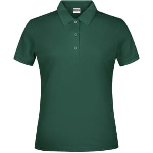 A green polo shirt for women featuring a collared neckline and three-button placket. The shirt includes a logo.