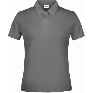 A grey polo shirt for women featuring a classic collar and three buttons. The shirt has a logo on it.