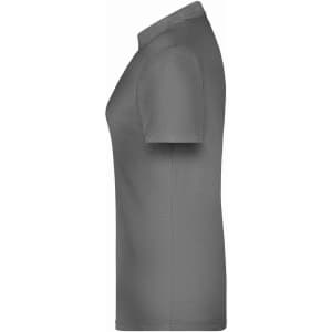 A grey polo shirt for women, featuring short sleeves and a classic collar, with a logo on the chest.