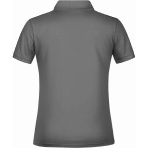 A grey polo shirt for ladies, featuring a classic design with a collar and short sleeves. It has a branding logo.