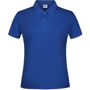 A blue polo shirt for women with a classic collar and three-button placket, featuring a logo.
