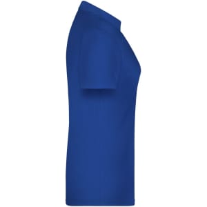 A blue polo shirt with a fitted design, featuring a collar and short sleeves, displaying a logo.