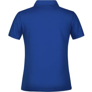 A blue polo shirt for women with a classic collar and short sleeves, featuring a logo on the back.