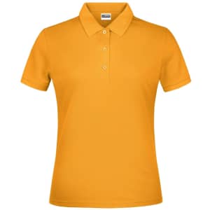 A short-sleeved women's polo shirt in vibrant orange, featuring a collar and three buttons at the neck.