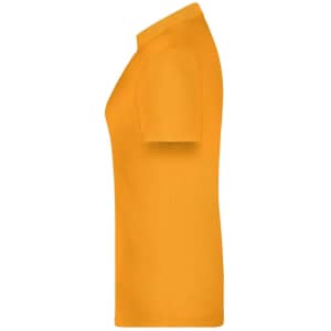 A bright orange women's polo shirt featuring short sleeves and a classic collar. It has a logo on the chest.