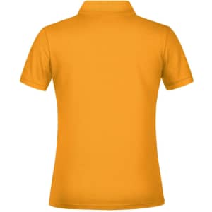 A yellow polo shirt with a collar and short sleeves, featuring a logo on the back.