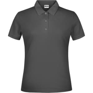 A grey polo shirt for women featuring a classic collar and three-button placket. It has a logo on the chest.