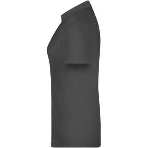 A side view of a dark grey polo shirt for women, featuring short sleeves and a sleek design.