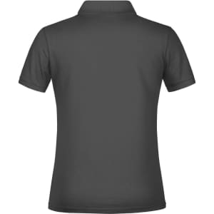A grey polo shirt for ladies featuring a collar, short sleeves, and a simple design with a logo.