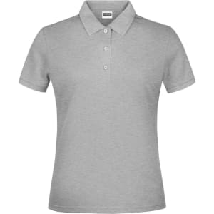 A grey polo shirt with a collar, short sleeves, and three buttons at the front, featuring a logo.