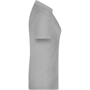 A grey polo shirt with a classic collar, featuring a logo on the side.