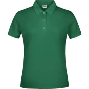 A green polo shirt for women featuring a classic collar and three button placket. It has a logo on the chest.