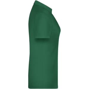 A green polo shirt for women featuring a collar and short sleeves, with a logo on it.