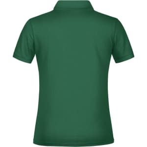 A green polo shirt featuring a classic collar and short sleeves, with a logo on the back.