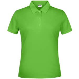 A short-sleeved, bright green polo shirt with a collar and three buttons, featuring a logo.