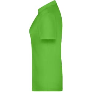 A green polo shirt with short sleeves and a collar, featuring a logo on the side.