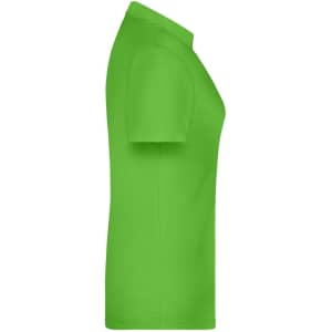 A side view of a vibrant green women's polo shirt. The shirt features short sleeves and has a logo.