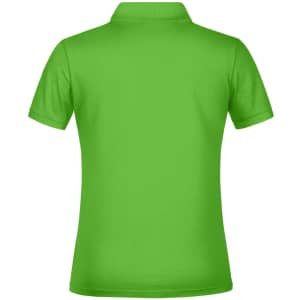 A green polo shirt with a collar and short sleeves, featuring a logo on the back.