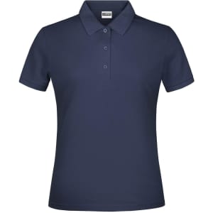 A navy blue polo shirt for ladies featuring a classic collar and three buttons, with a branding logo.