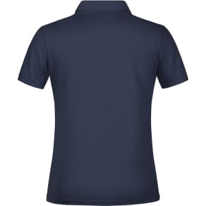 A navy polo shirt with a classic collar and short sleeves, featuring a logo on the back.