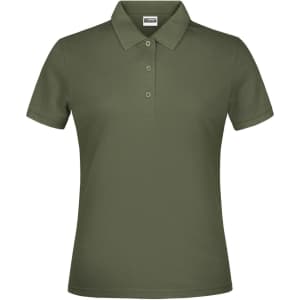 An olive green polo shirt with a classic collar and three-button placket, featuring a logo.