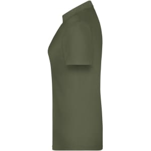 A green polo shirt with a classic collar and short sleeves, featuring a logo on the side.