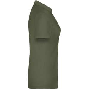 A side view of a green polo shirt for women, featuring a logo on the chest area.