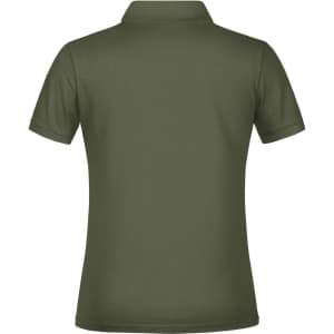 A green polo shirt featuring a collar and short sleeves. It has a logo on the back.