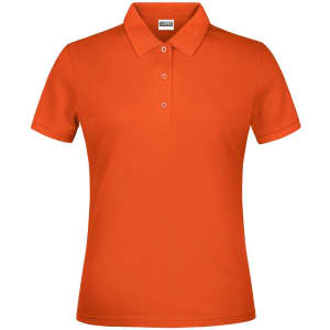 An orange women's polo shirt with a collar and three buttons, featuring a logo on the chest.