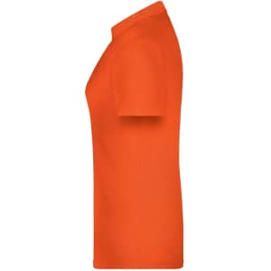 An orange polo shirt with a side view, featuring a collar and short sleeves, includes a logo.