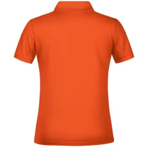 An orange polo shirt with a collared neckline, featuring a plain design and a logo.