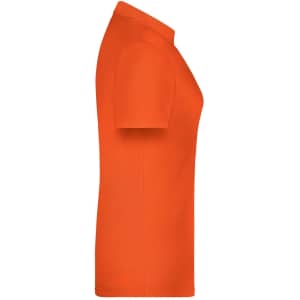 An orange polo shirt for women, featuring a side view silhouette with short sleeves and a branding logo.