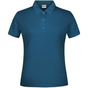 A teal polo shirt with a collar and three buttons, featuring a logo. Suitable for women.
