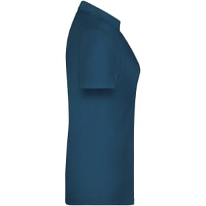 A blue polo shirt with a fitted design, featuring a collar and short sleeves. The shirt has a logo.