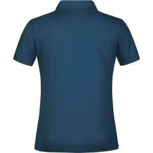 A navy blue polo shirt featuring a collar and short sleeves, with a logo on the back.