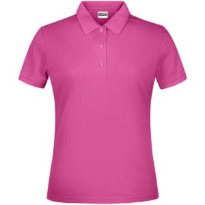 A pink polo shirt for women with a collar and three buttons, featuring a logo on the chest area.