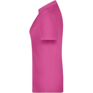 A pink polo shirt for women, featuring a classic collar and short sleeves, with a logo prominently displayed.