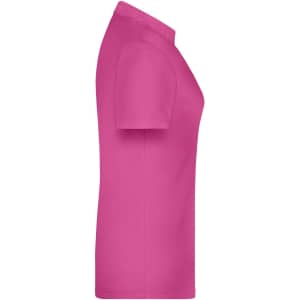 A pink polo shirt with short sleeves, featuring a classic collar and a logo on the chest.