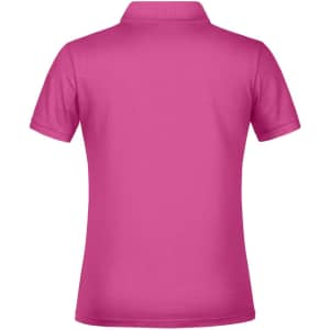 A pink polo shirt with a classic collar and short sleeves, featuring a logo on the back.
