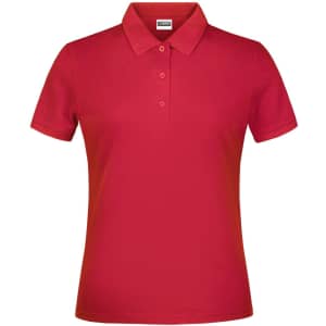 A red polo shirt with a collar and three buttons, featuring a logo on the chest area.