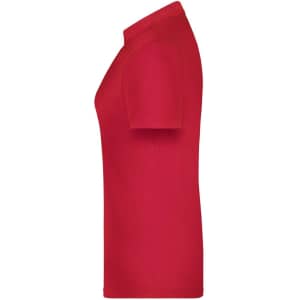 A red polo shirt for women with a fitted design and short sleeves, featuring a branding logo.