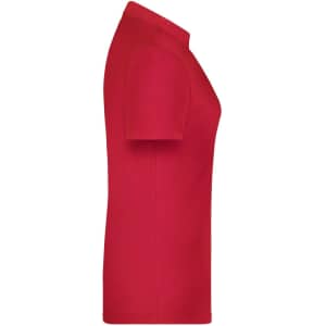 A red polo shirt with a fitted design, featuring short sleeves and a side view. It includes a logo.