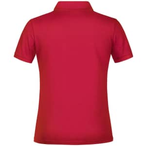 A red polo shirt with a classic collar and short sleeves, featuring a logo on the upper side.