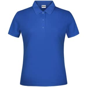 A blue polo shirt for women featuring a classic collar and three buttons, with a logo displayed on the front.