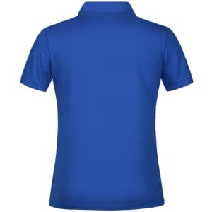 A blue polo shirt designed for women, featuring a collar and short sleeves. The back view shows a solid colour and a logo.