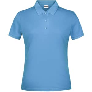 A blue polo shirt for women with a classic collar and three buttons, featuring a logo.