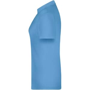 A blue polo shirt for ladies, featuring a classic collar and short sleeves. Includes a logo on the fabric.