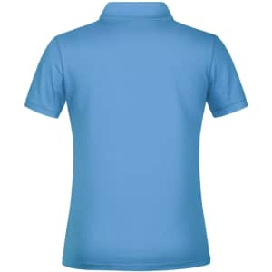 A blue polo shirt is displayed, featuring a classic collar and short sleeves. It has a logo on the back.
